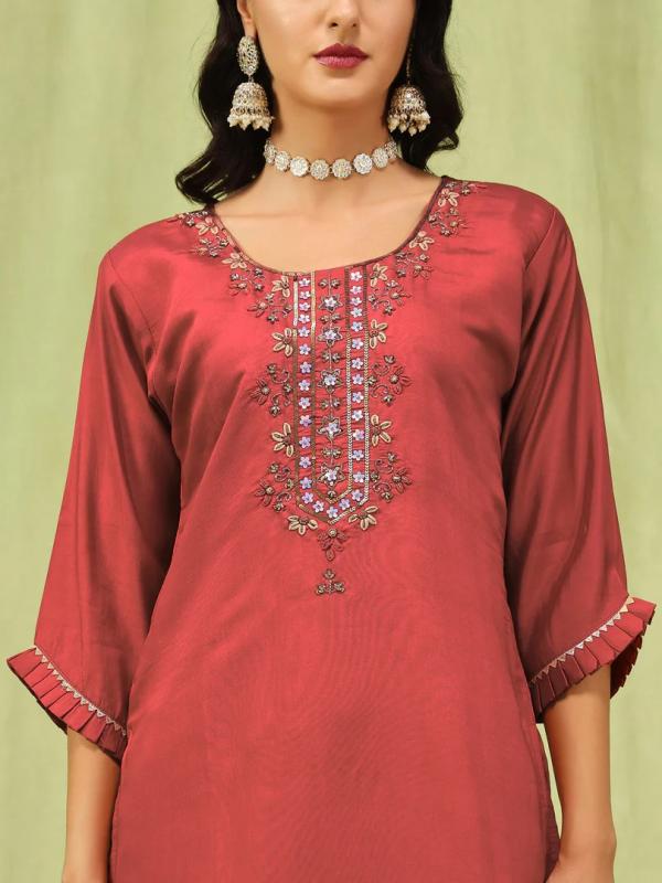 VP 9587 P Sweety Women’s Viscose Roman Silk Embroidery Straight Kurta Pant with Dupatta Set
